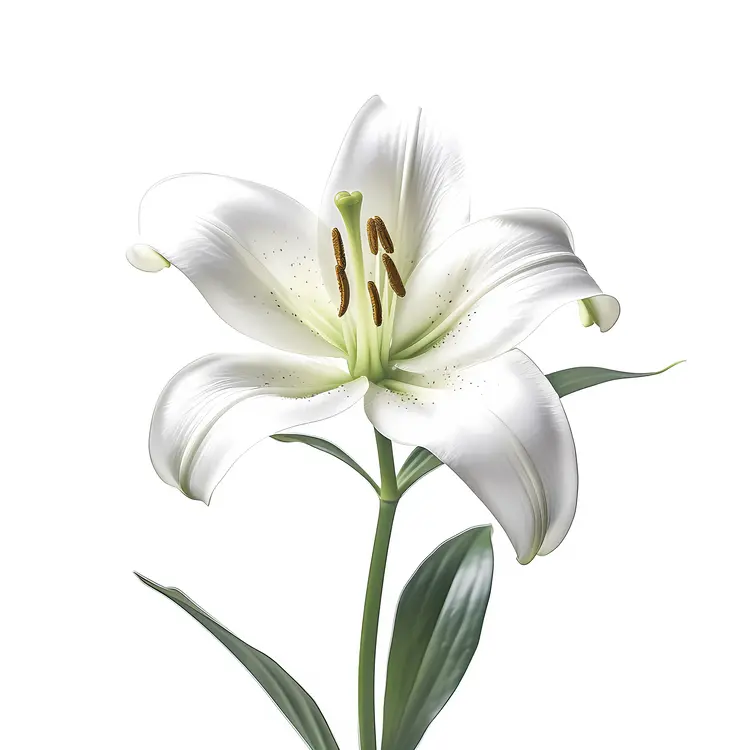 Single White Lily with Green Leaves