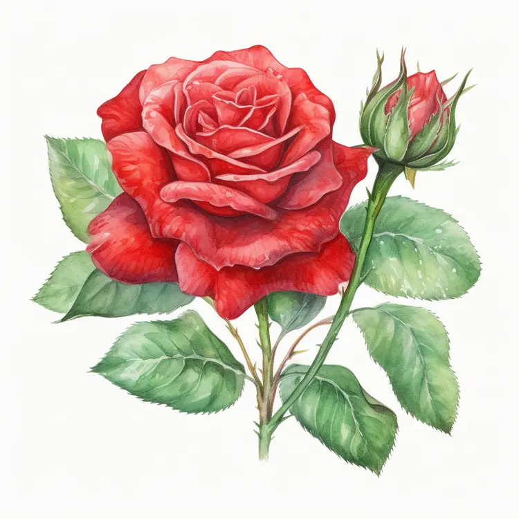 Beautiful Red Rose with Green Leaves and Rosebud