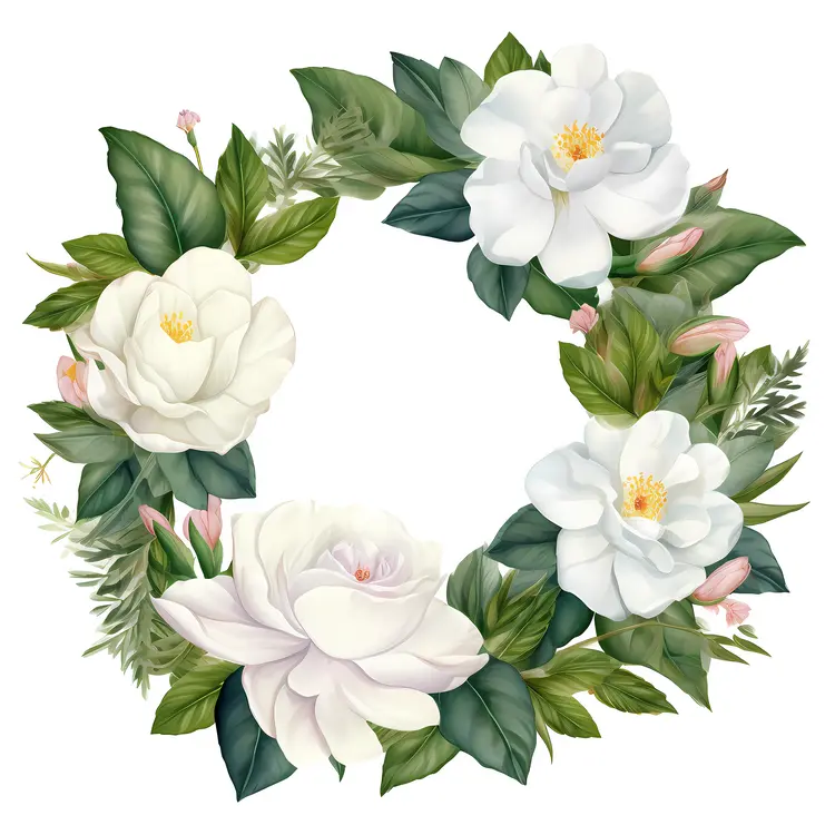 Beautiful Floral Wreath with White Flowers and Green Leaves