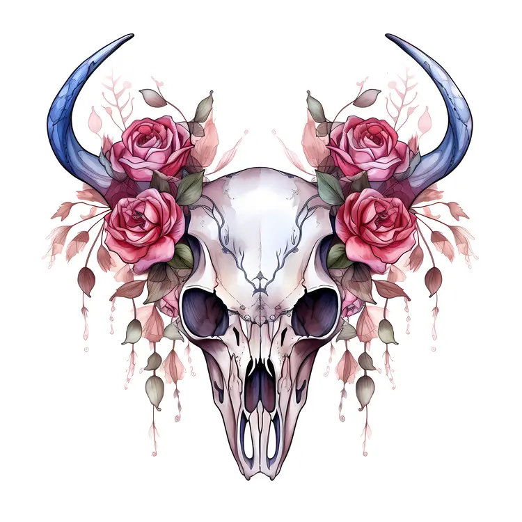 Floral Skull with Horns