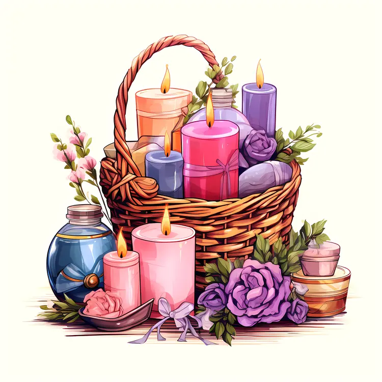 Colorful Candles in Basket with Flowers