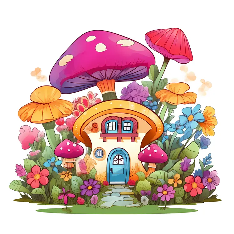 Colorful Mushroom House in Flower Garden