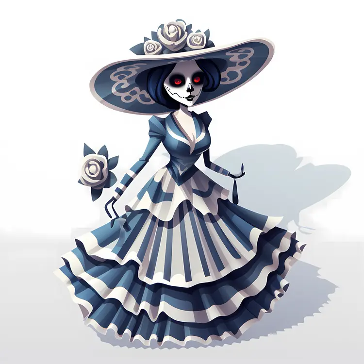 Blue and White Skeleton Lady in Traditional Dress