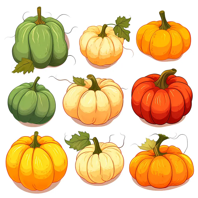 Various Pumpkins with Autumn Leaves