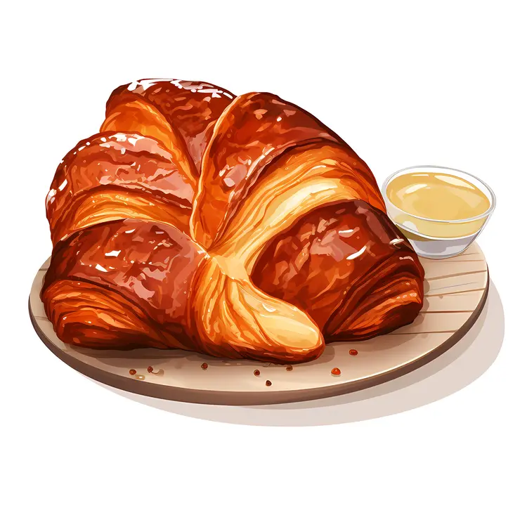 Golden Croissant on Wooden Board with Honey