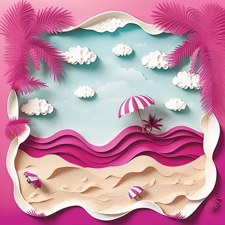 Colorful Beach Scene with Palm Trees and Umbrellas