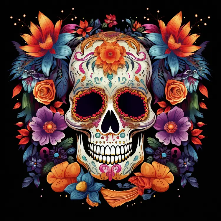 Colorful Sugar Skull with Floral Decorations for Day of the Dead Celebration