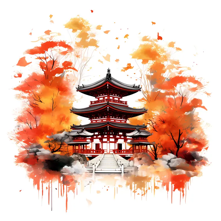 Red Pagoda with Autumn Trees