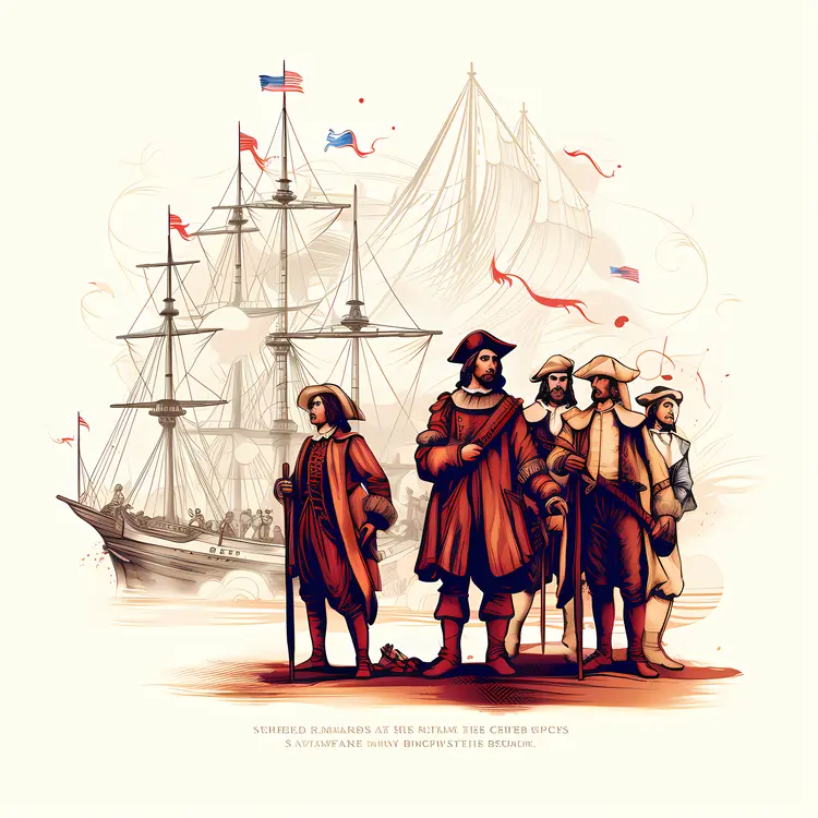 Group of Explorers with Sailing Ship