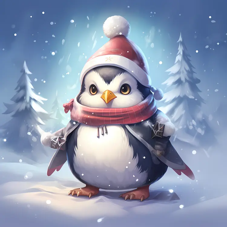 Penguin in Snowy Forest