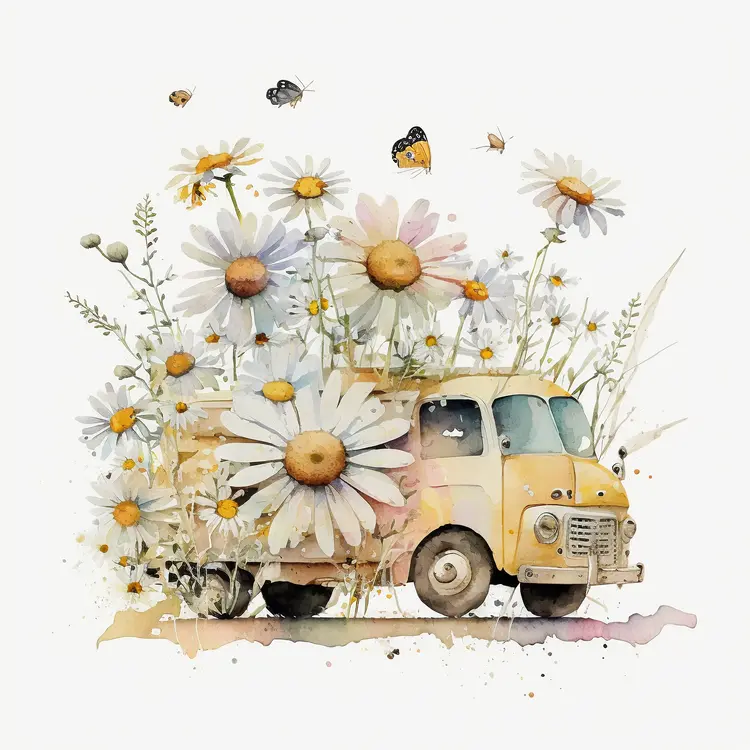 Yellow Truck with Daisies and Butterflies in Watercolor