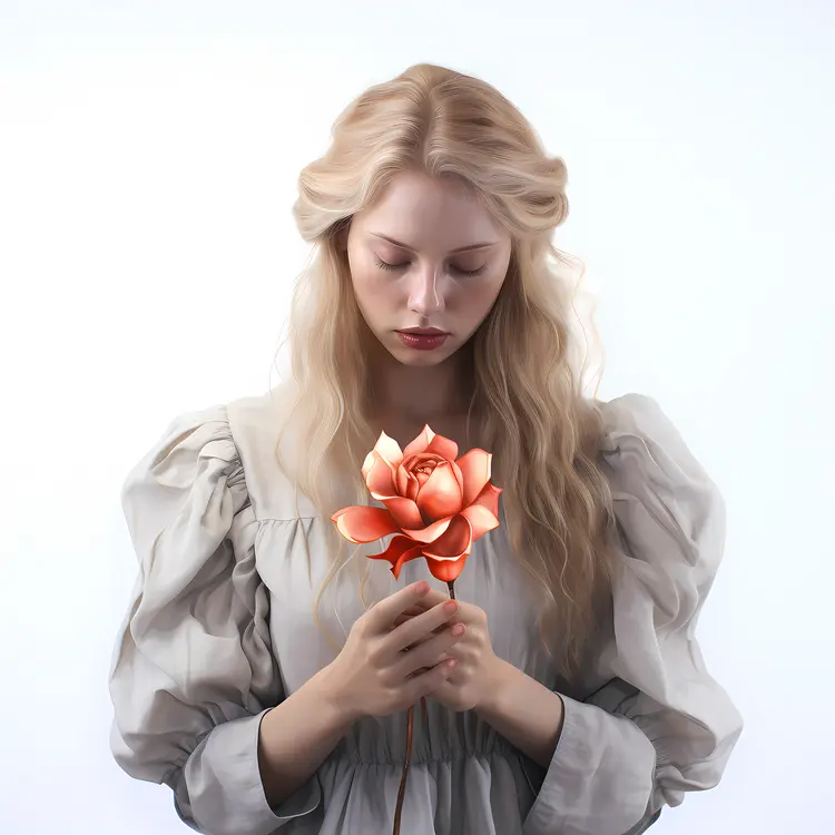 Woman Holding a Red Rose in White Dress for Valentine's Day
