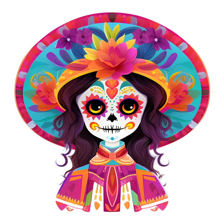 Colorful Sugar Skull with Hat and Flowers