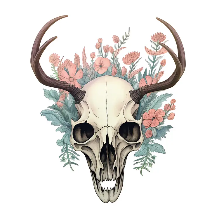 Gothic Skull with Flowers and Horns