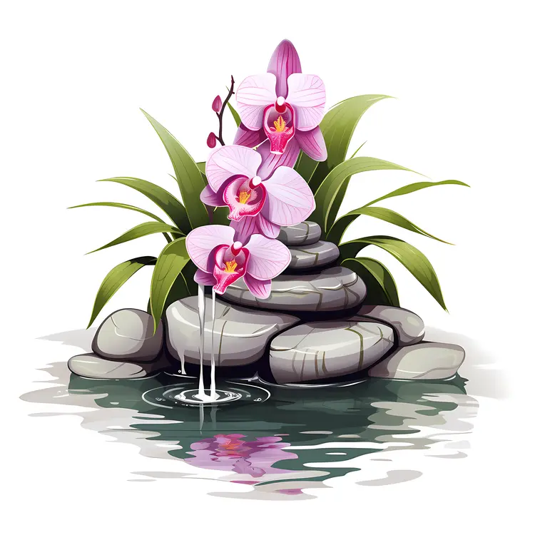 Pink Orchids on Rocks with Water