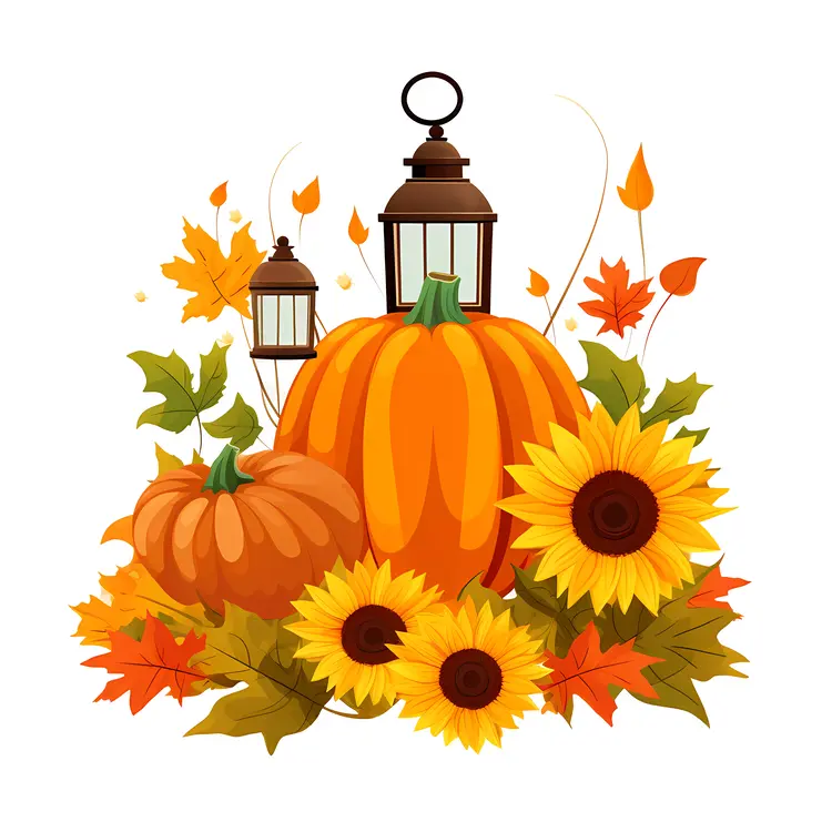 Autumn Harvest Pumpkin with Lanterns and Sunflowers