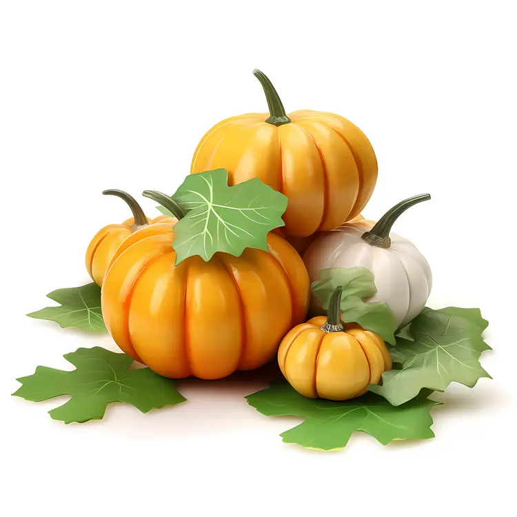 Stacked Pumpkins with Green Leaves