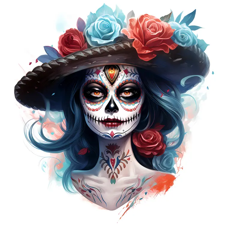 Colorful Sugar Skull Woman with Red and Blue Roses