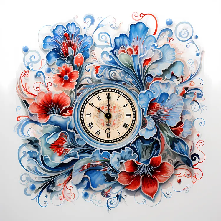 Beautiful Floral Clock with Blue and Red Flowers
