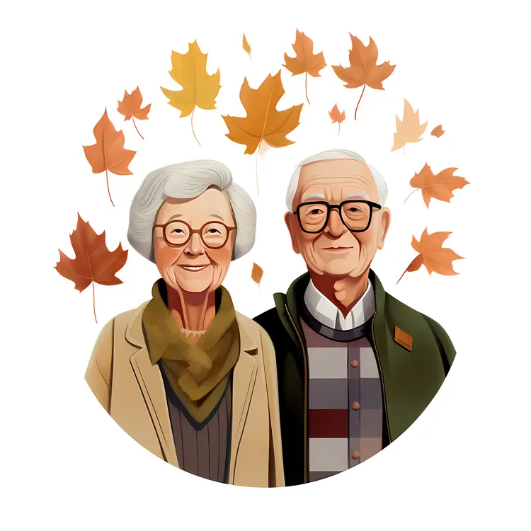 Happy Elderly Couple with Autumn Leaves