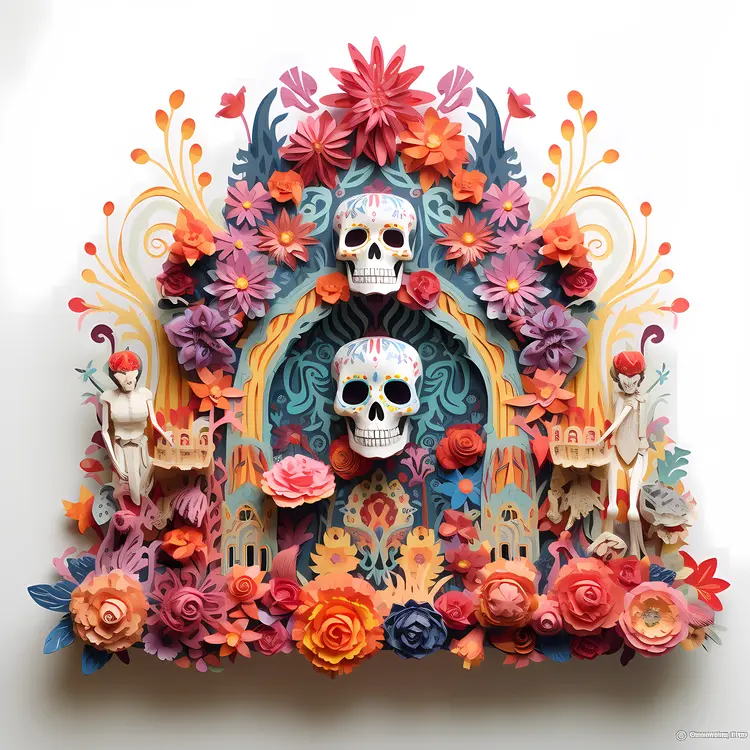 Colorful Day of the Dead Altar with Skulls and Flowers