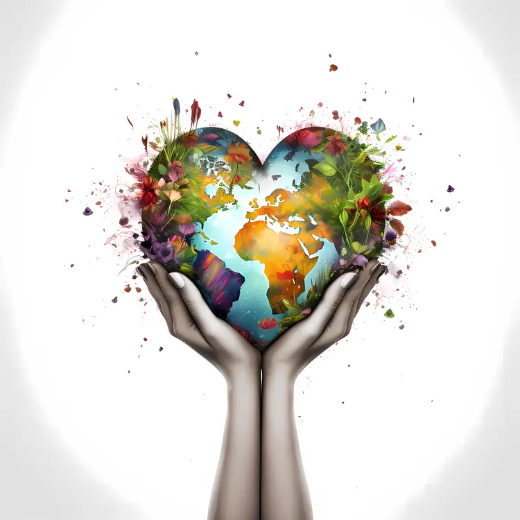 Hands Holding Heart-shaped Earth with Nature Elements