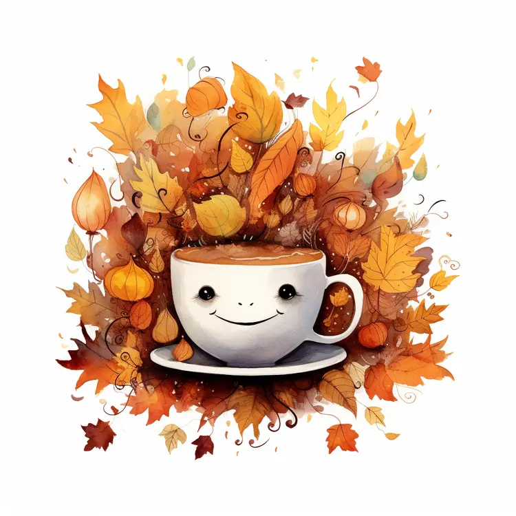 Smiling coffee cup with autumn leaves