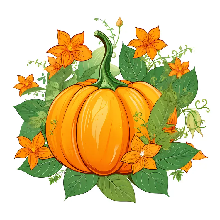 Pumpkin with Flowers and Leaves