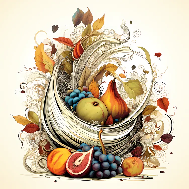 Cornucopia with Mixed Fruits and Leaves