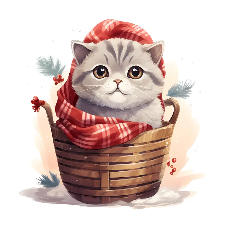 Kitten in Basket with Red Blanket