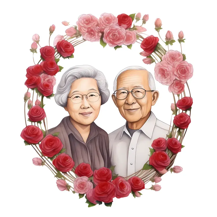 Elderly Couple Surrounded by Roses for Grandparents Day