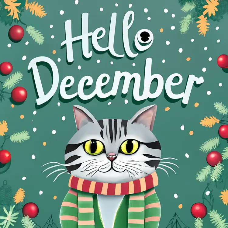 Striped Cat with Hello December Greeting