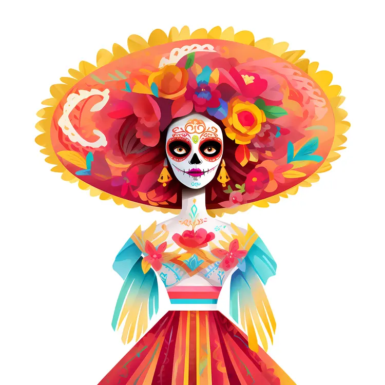 Colorful Sugar Skull with Hat and Flowers