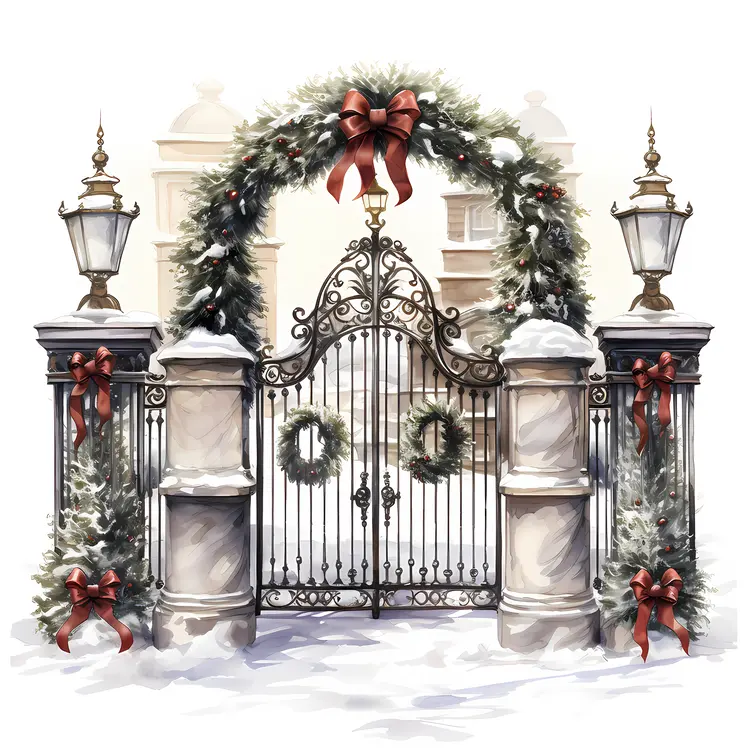Decorated Gate with Wreath and Bow for Christmas