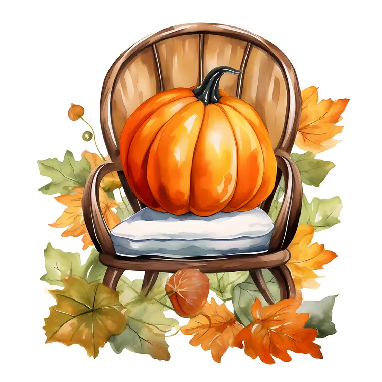 Pumpkin on Wooden Chair with Autumn Leaves for Halloween