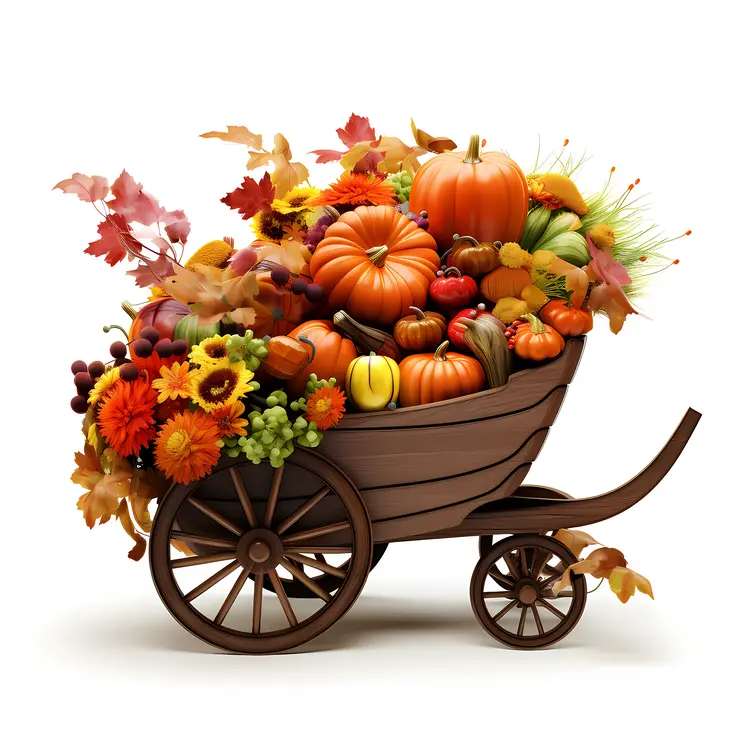 Autumn harvest cart with pumpkins and flowers