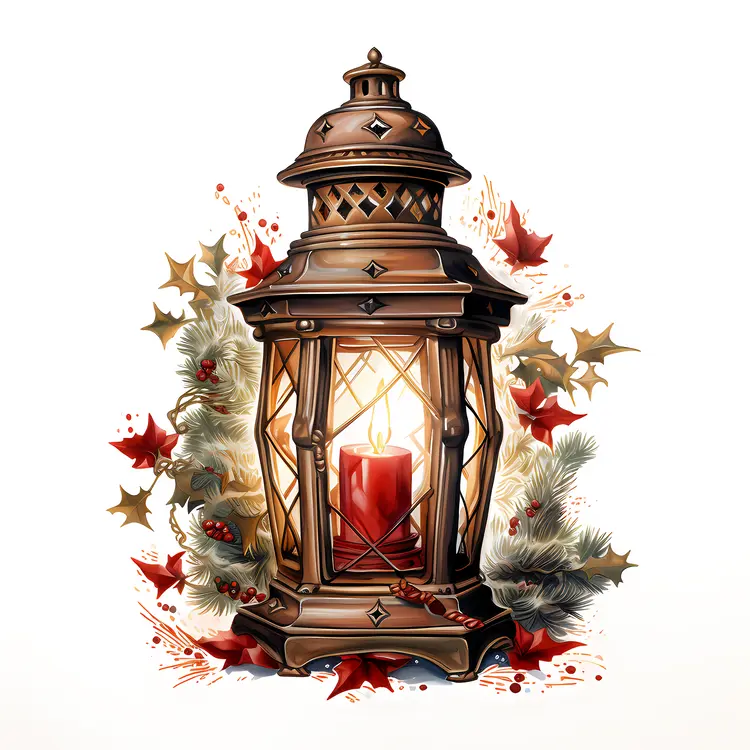 Bronze Lantern with Candle and Leaves