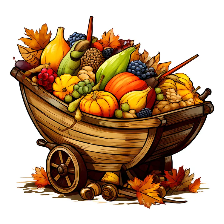 Autumn Wheelbarrow with Fruits and Leaves