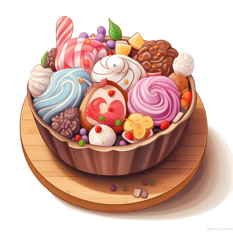 Colorful Desserts in Wooden Bowl