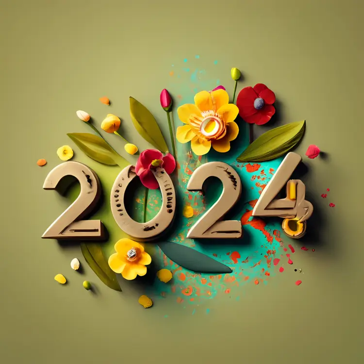 2024 with Colorful Flowers and Leaves