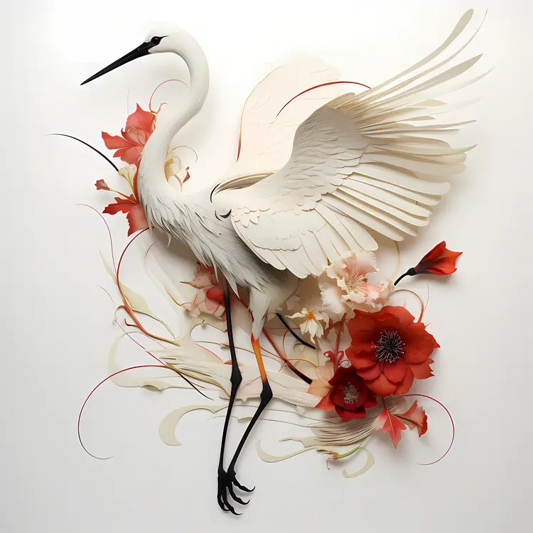 Elegant White Crane with Flowers
