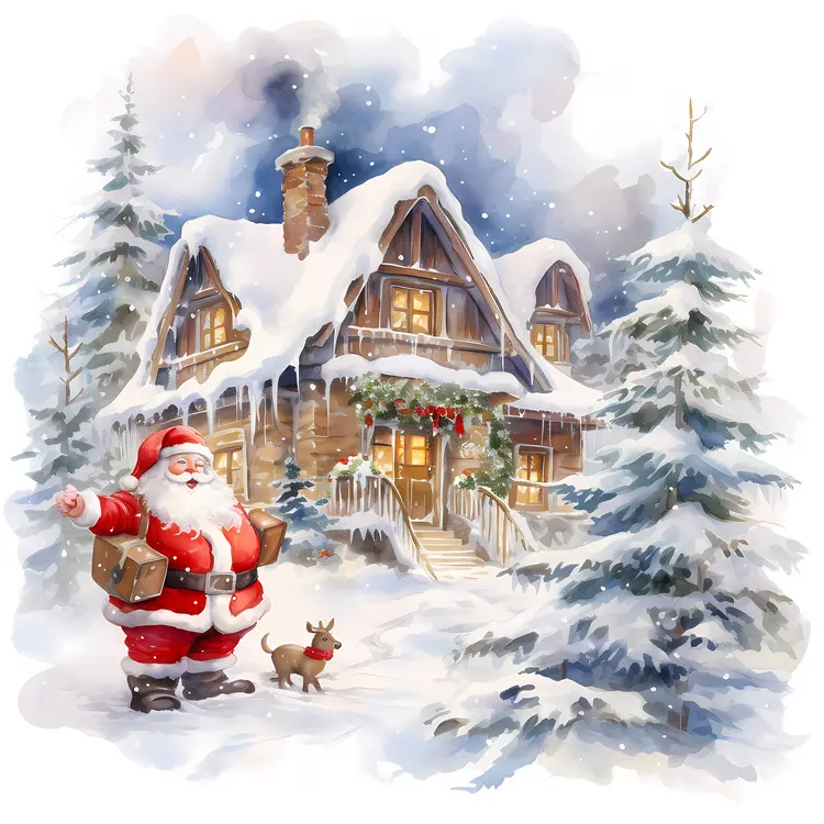 Santa Claus and Cozy House in Snowy Landscape