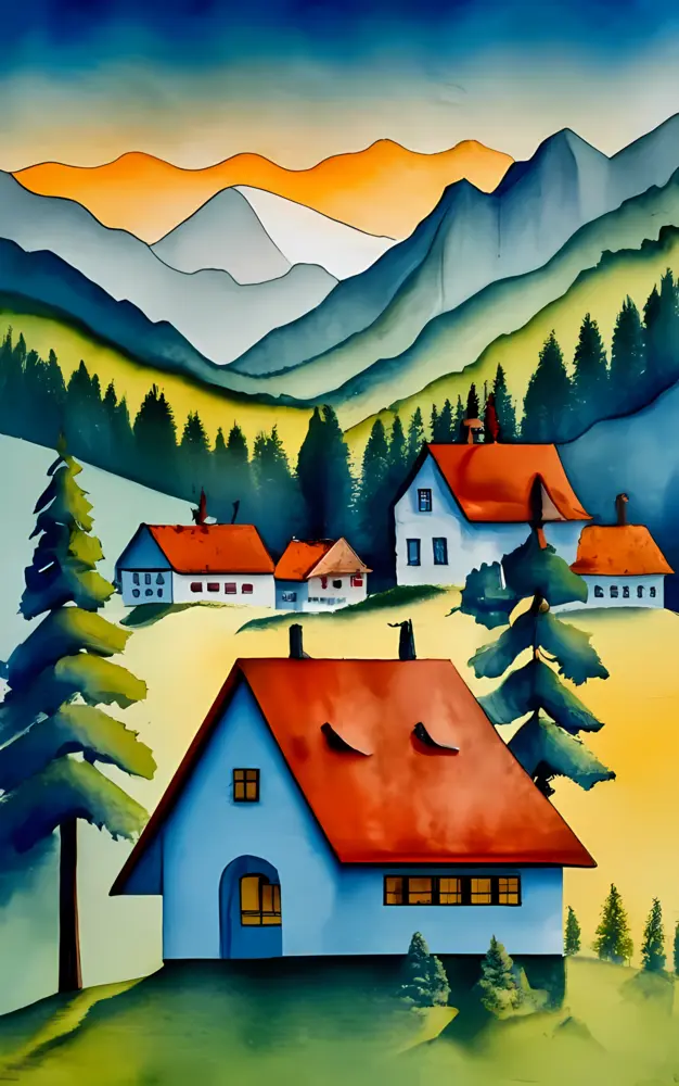 Small cute doodle house in village with mountain scenery