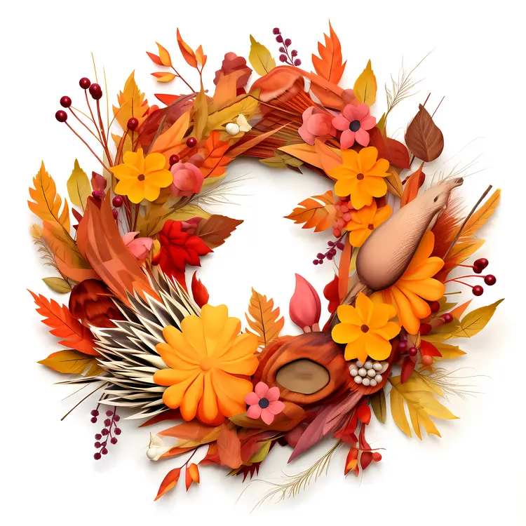 Autumn Wreath with Gourds and Flowers