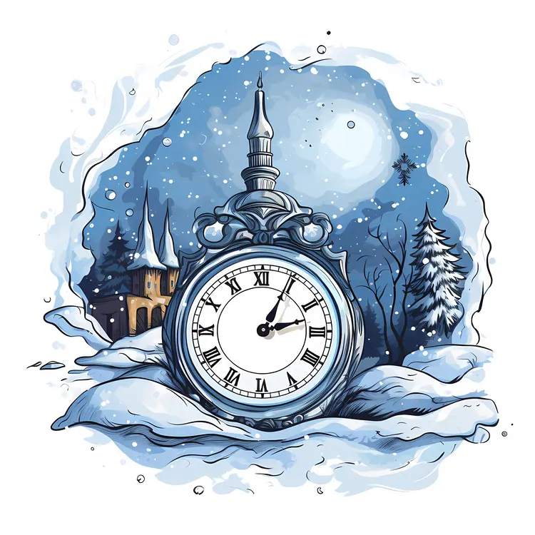 Snowy Church Clock in Winter Landscape