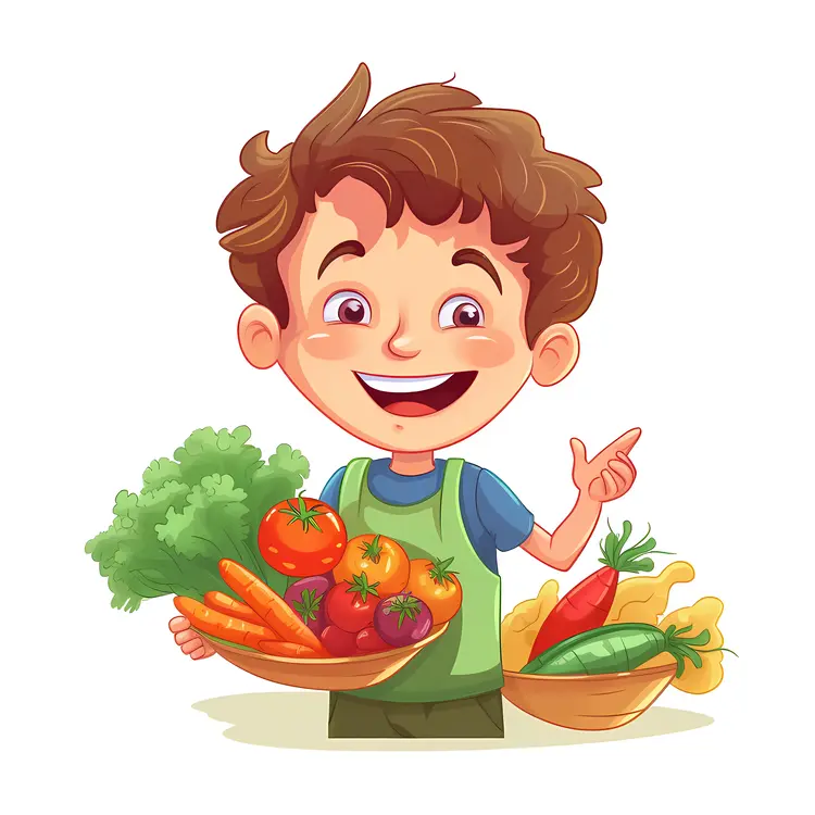 Cheerful Cartoon Boy with Fresh Vegetables
