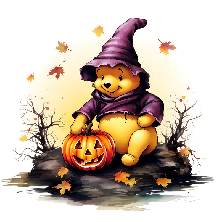 Teddy Bear with Purple Witch Hat and Pumpkin