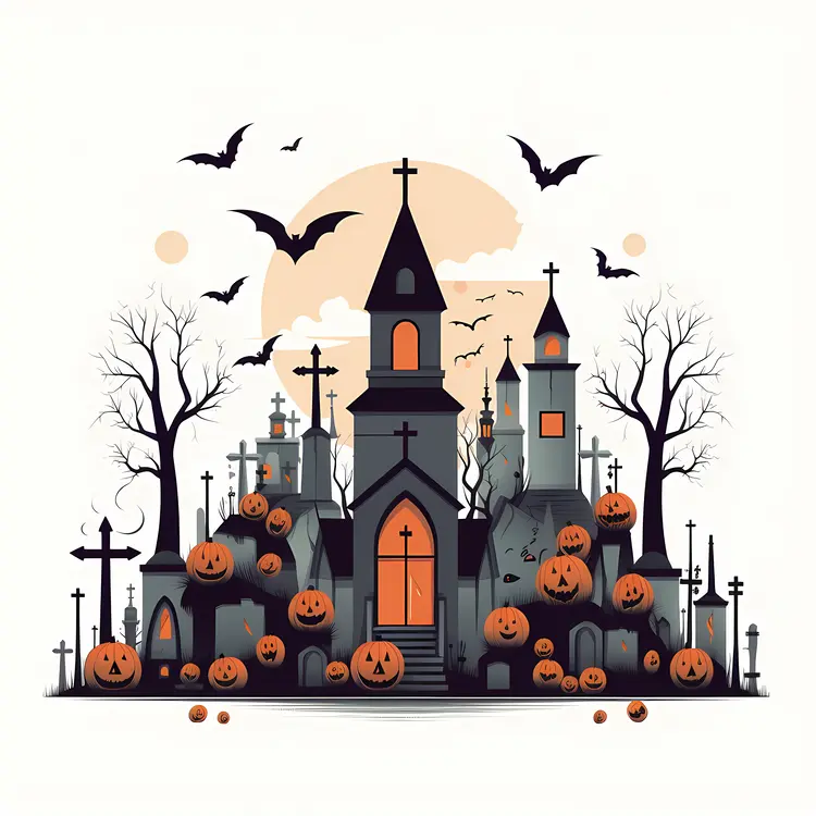Halloween Church with Pumpkins and Bats