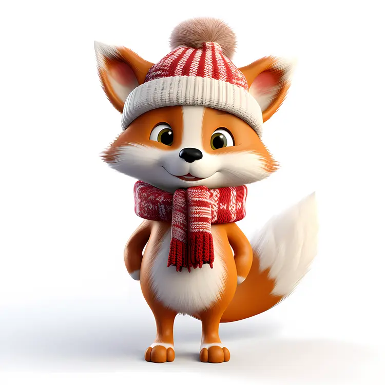 Adorable Fox in Winter Hat and Scarf