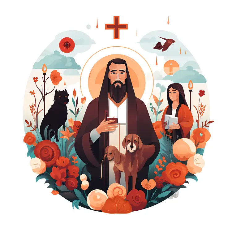 Monk with Dogs and Cross in Floral Setting